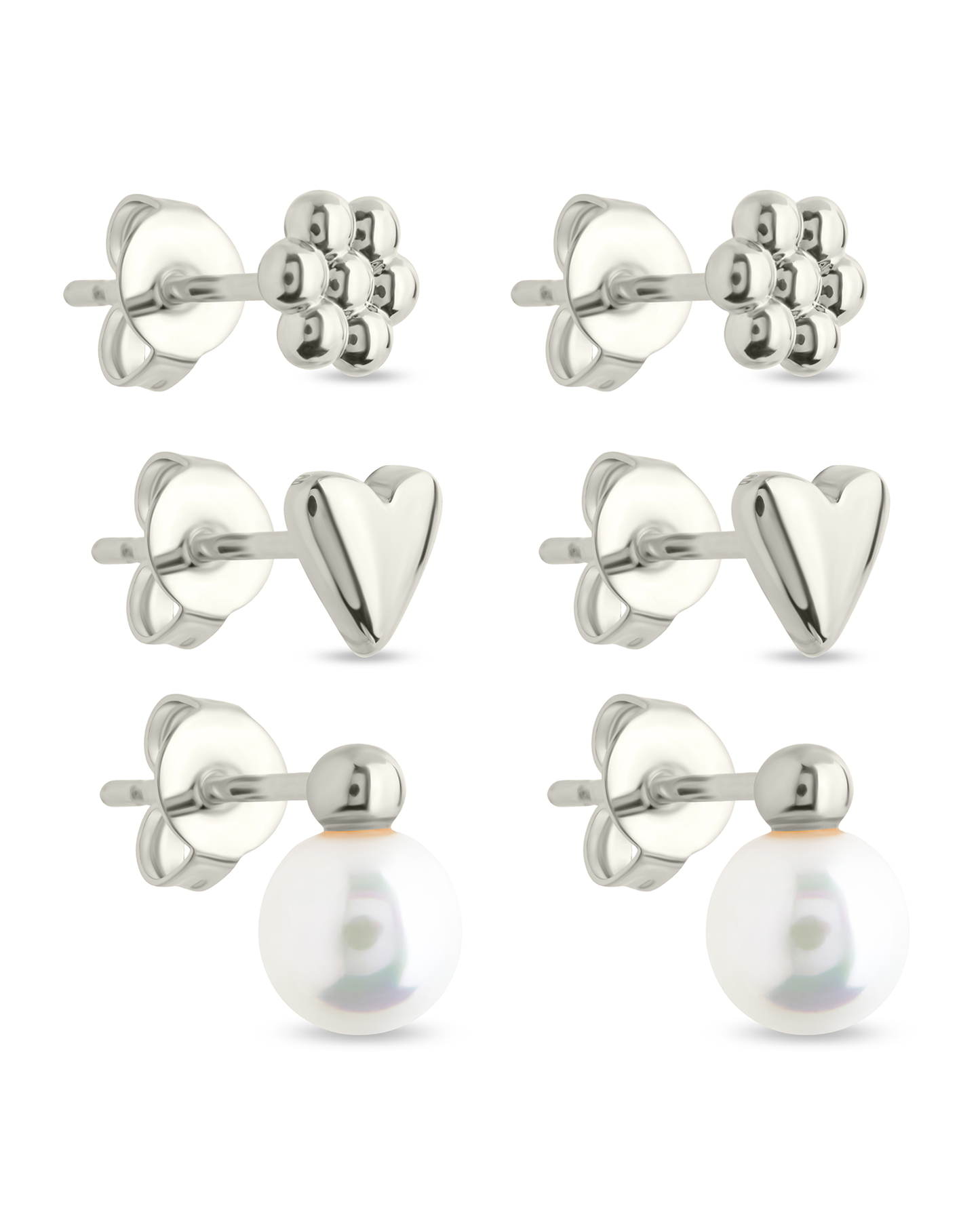 Sterling Silver Irene Pearl, Flower, & Heart Stud Earring Set of 3
