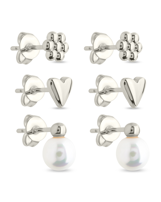 Sterling Silver Irene Pearl, Flower, & Heart Stud Earring Set of 3