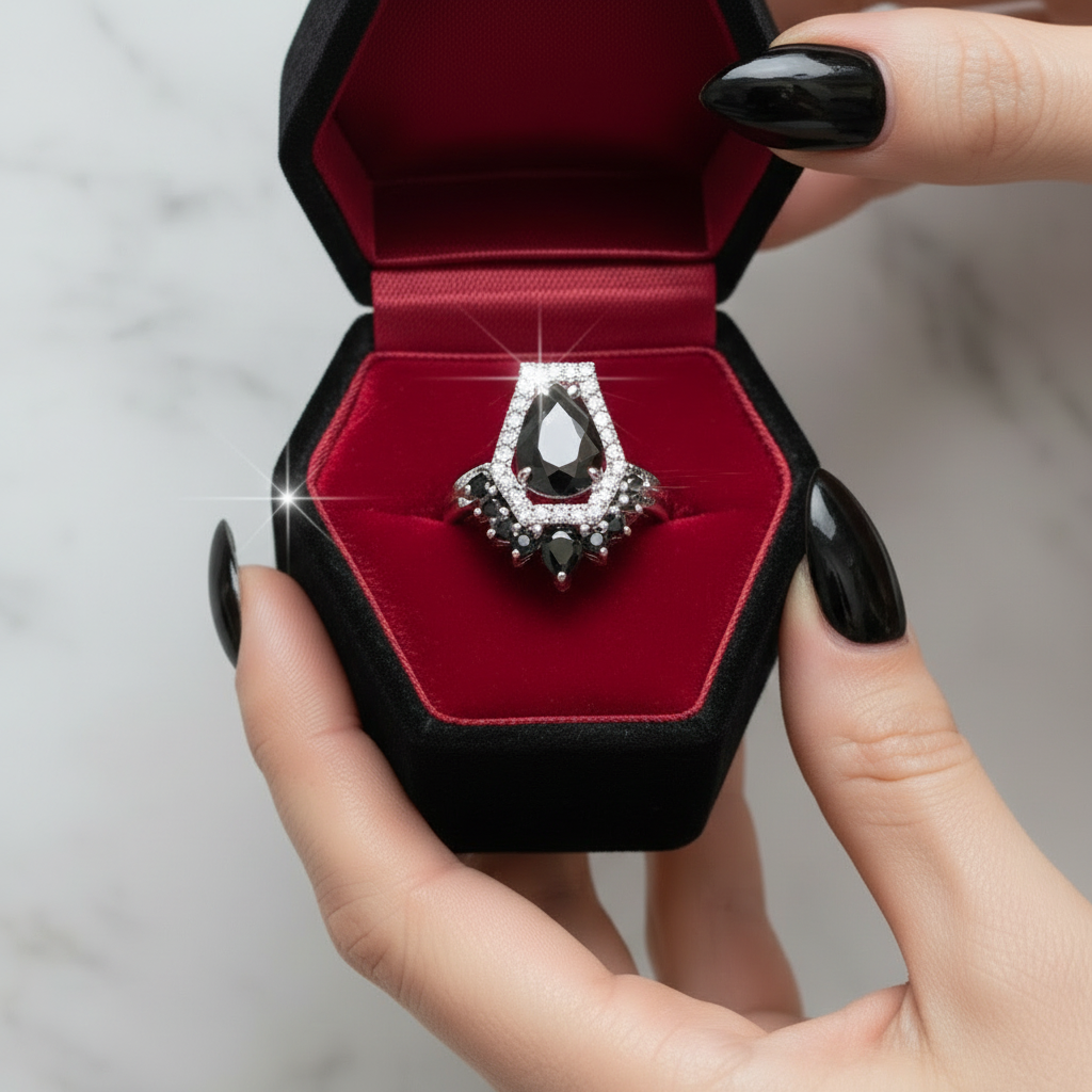 Faithfulness-1ct Black Pear Cut Diamond 14k White Gold Coffin Ring Set