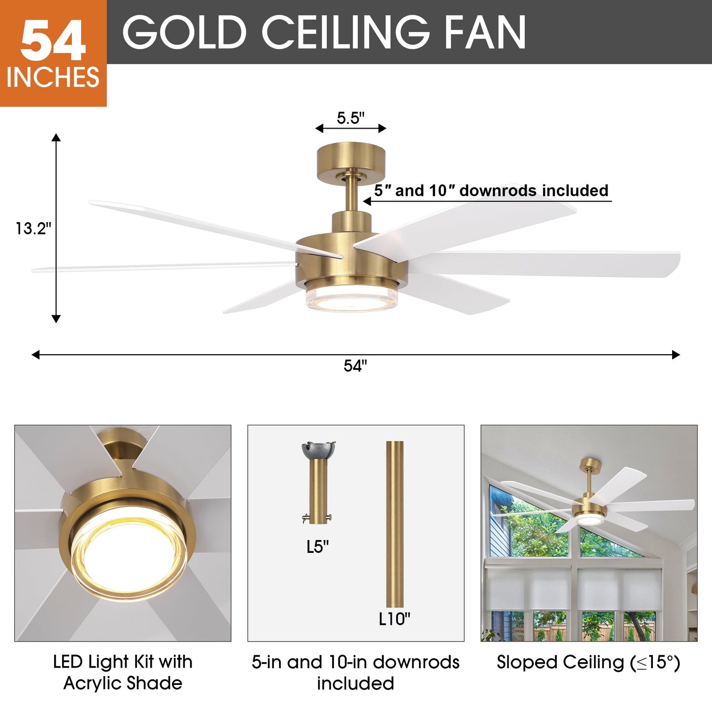 54 Inch Kama Modern Downrod Mount Ceiling Fan with Remote Control and LED Light