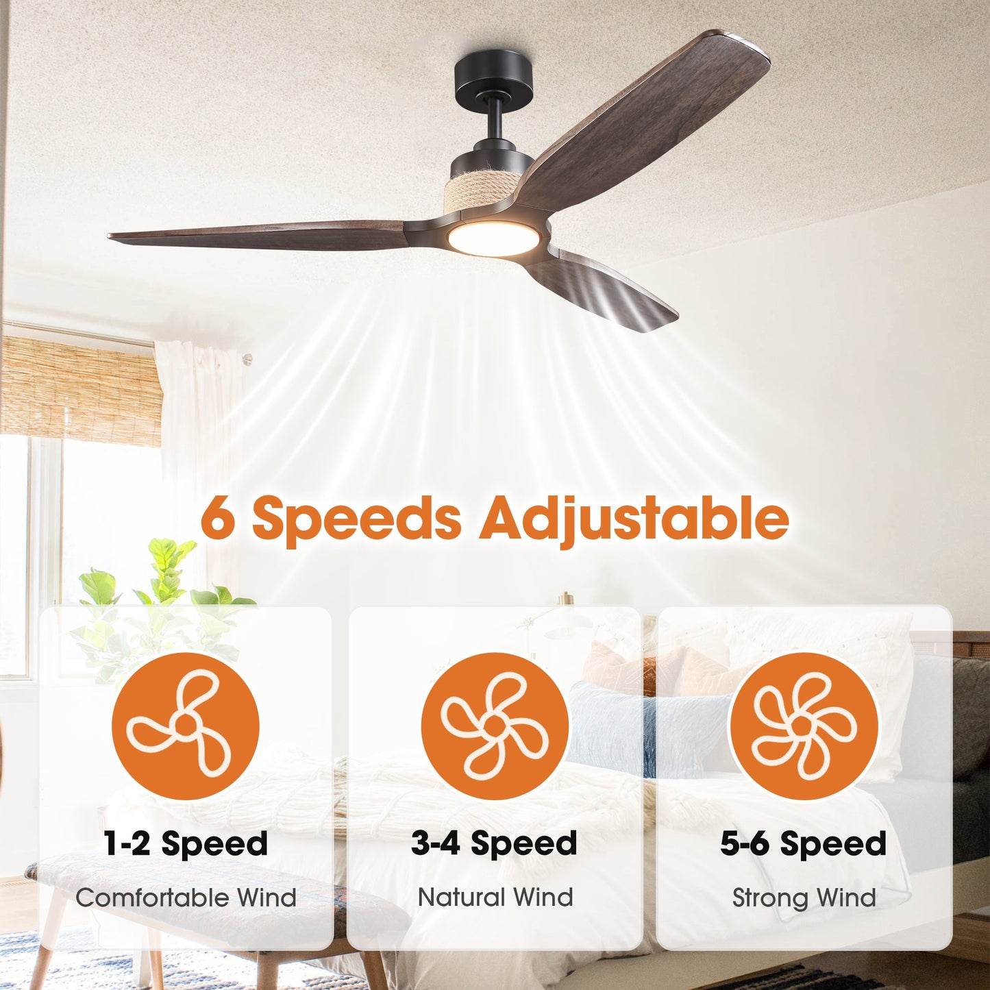 56 Inch Louise Downrod Mount LED Wood Blades Ceiling Fan with Remote Control
