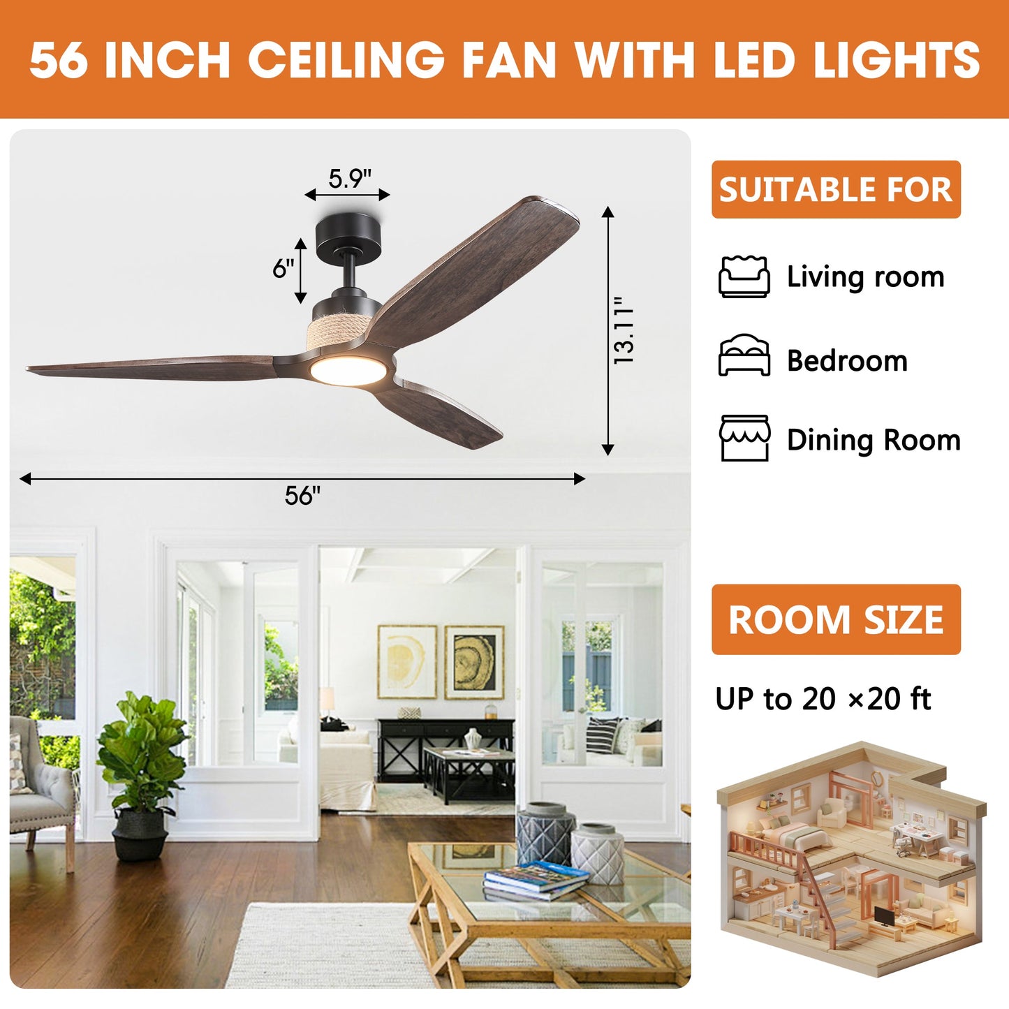 56 Inch Louise Downrod Mount LED Wood Blades Ceiling Fan with Remote Control