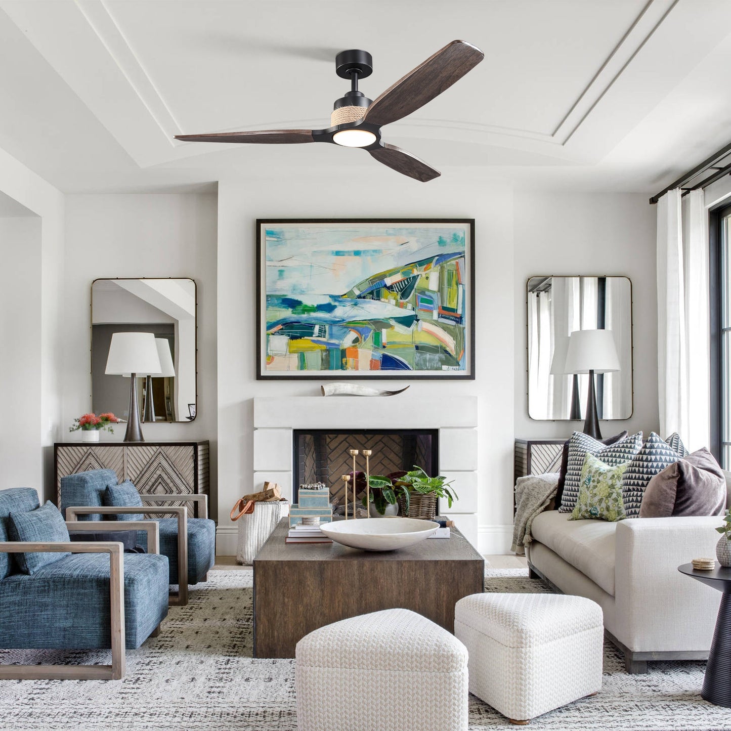 56 Inch Louise Downrod Mount LED Wood Blades Ceiling Fan with Remote Control