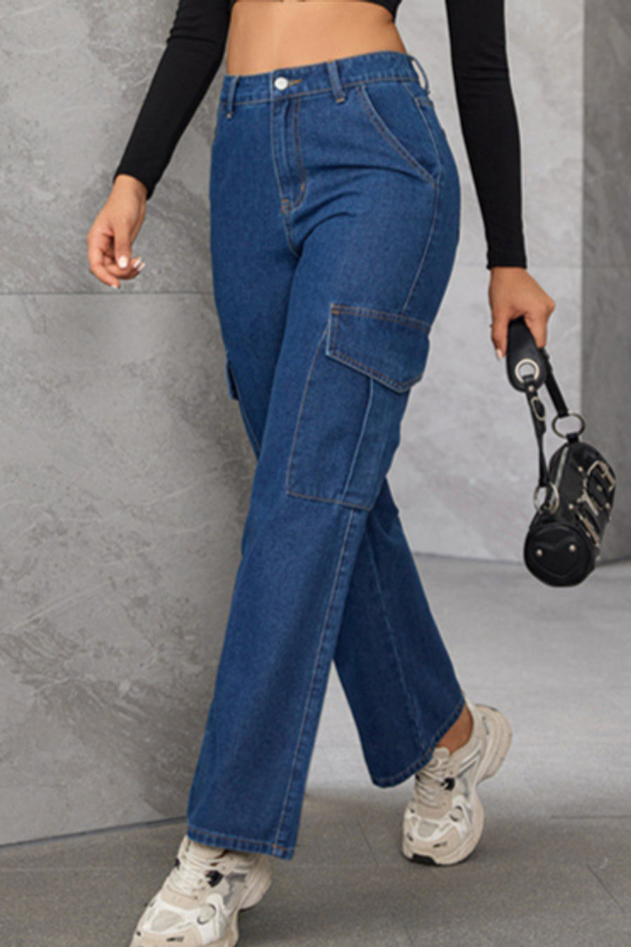 Stylish non-stretch high waist pocket cargo straight jeans