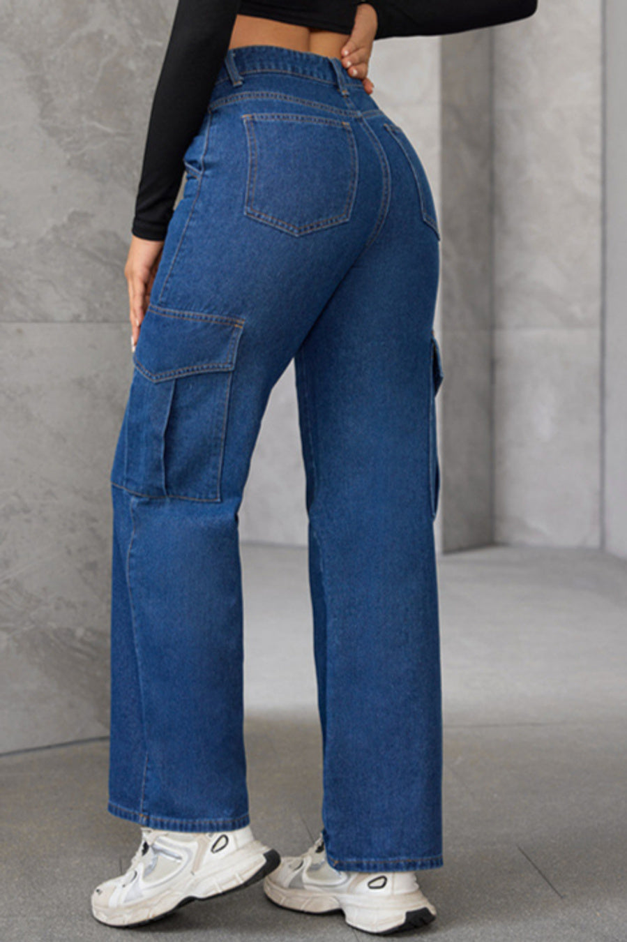 Stylish non-stretch high waist pocket cargo straight jeans
