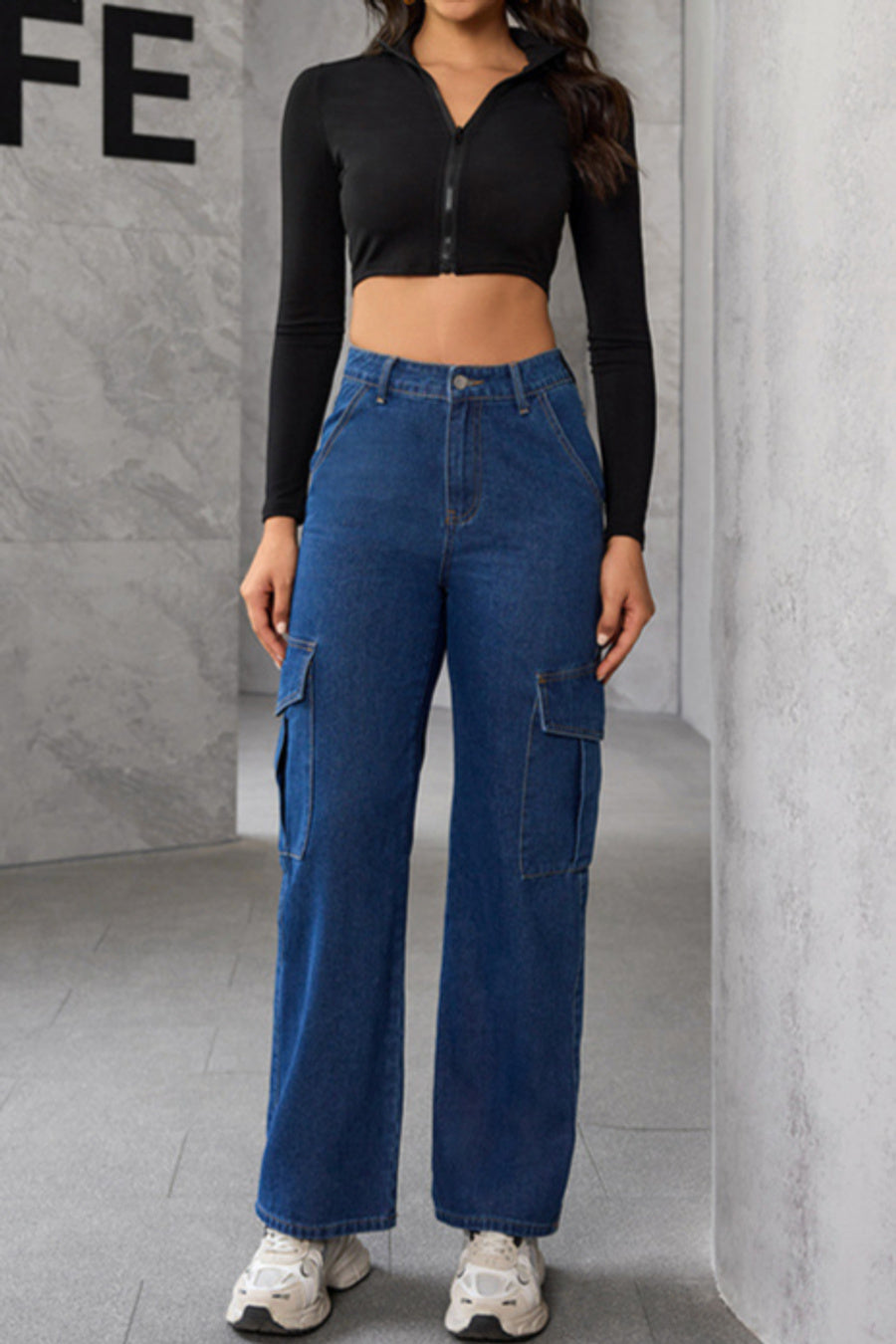 Stylish non-stretch high waist pocket cargo straight jeans