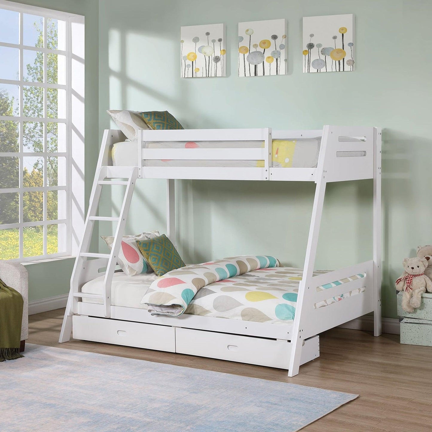 Solid Wood Twin / Full Bunk Bed with Reversible Angled Ladder and Underbed Drawers