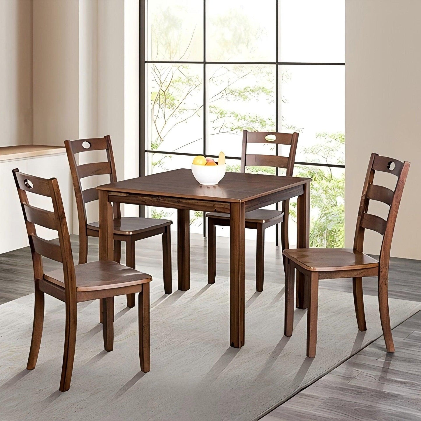 30"H Solid Rubberwood 5-Piece Dining Table Set with Slat Back Chairs
