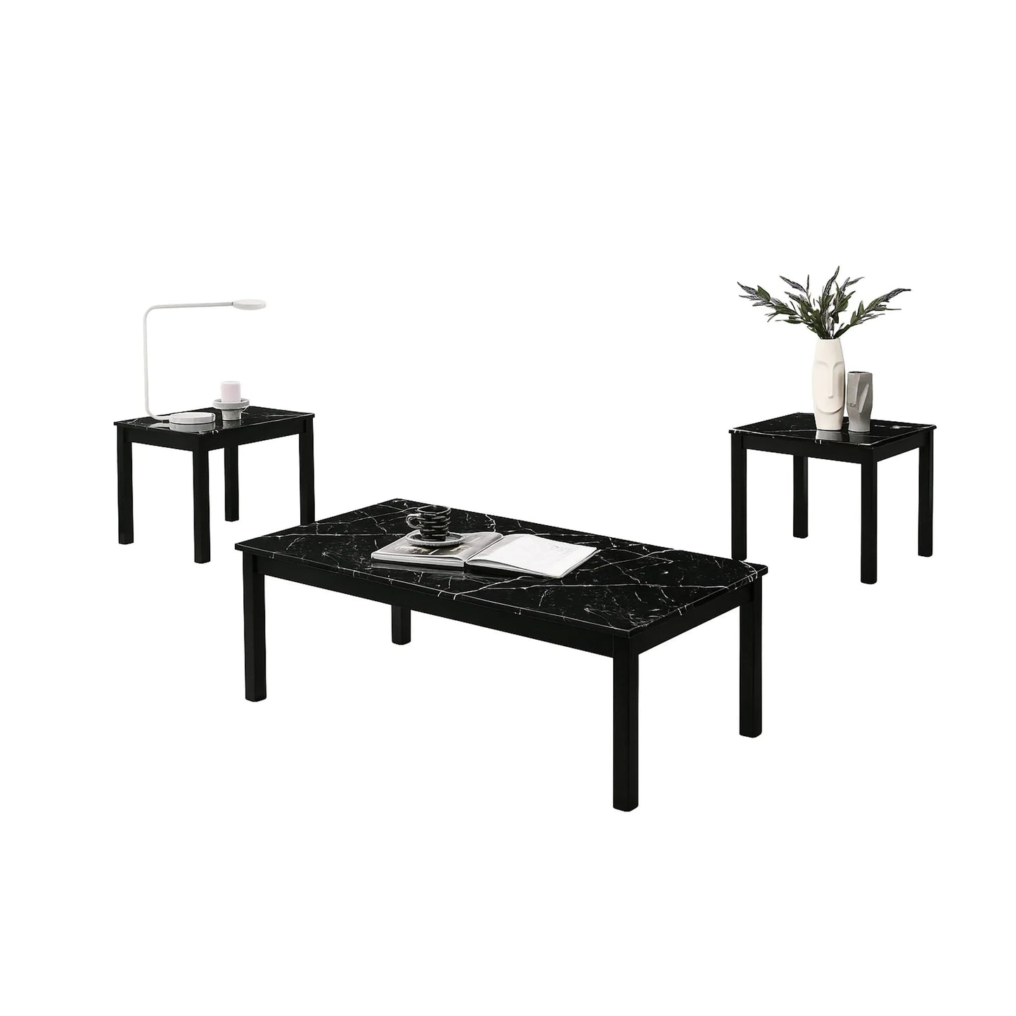 Findlay 3-Piece 47.5 in. Rectangle Faux Marble Top Coffee Table Set with Solid Wood Legs