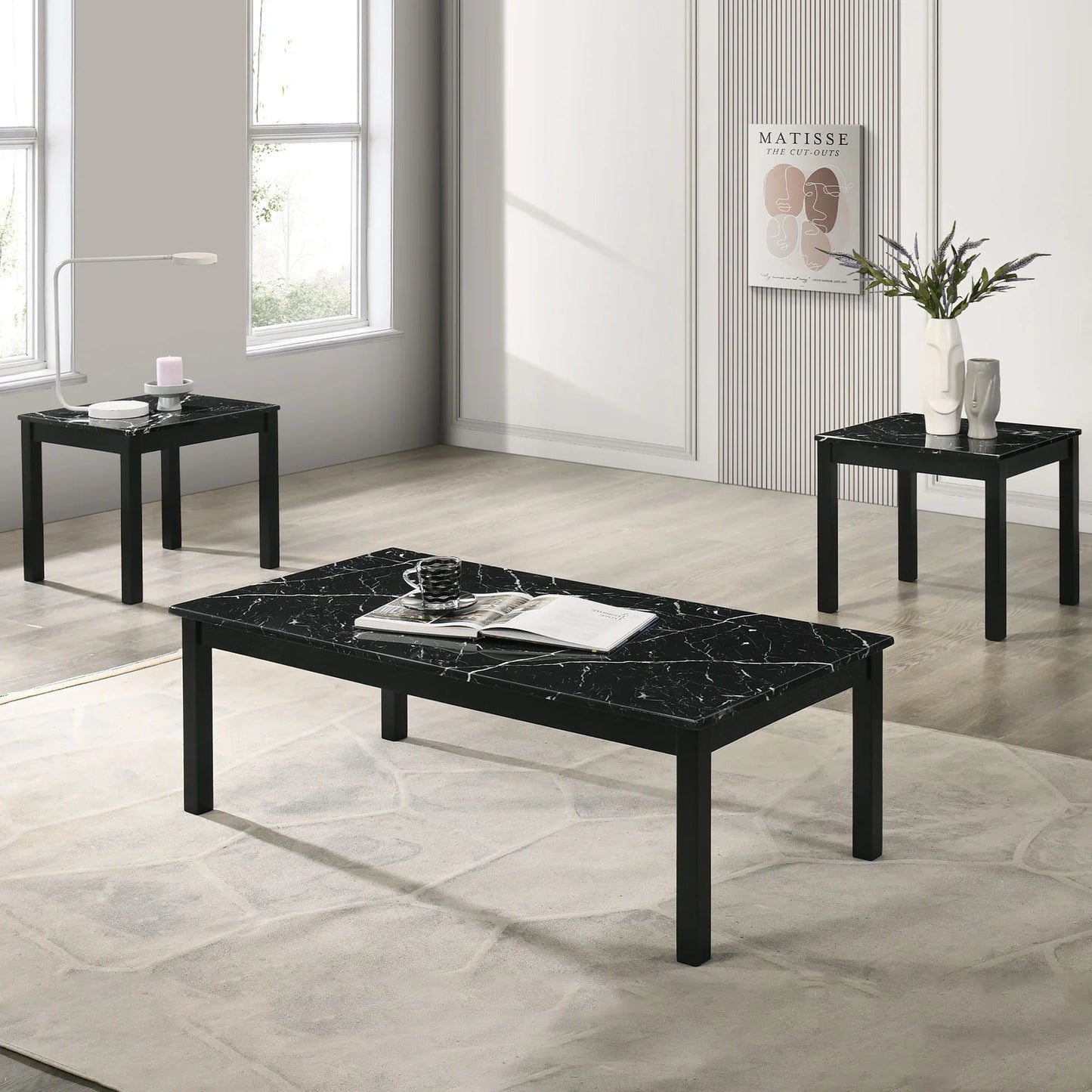 Findlay 3-Piece 47.5 in. Rectangle Faux Marble Top Coffee Table Set with Solid Wood Legs