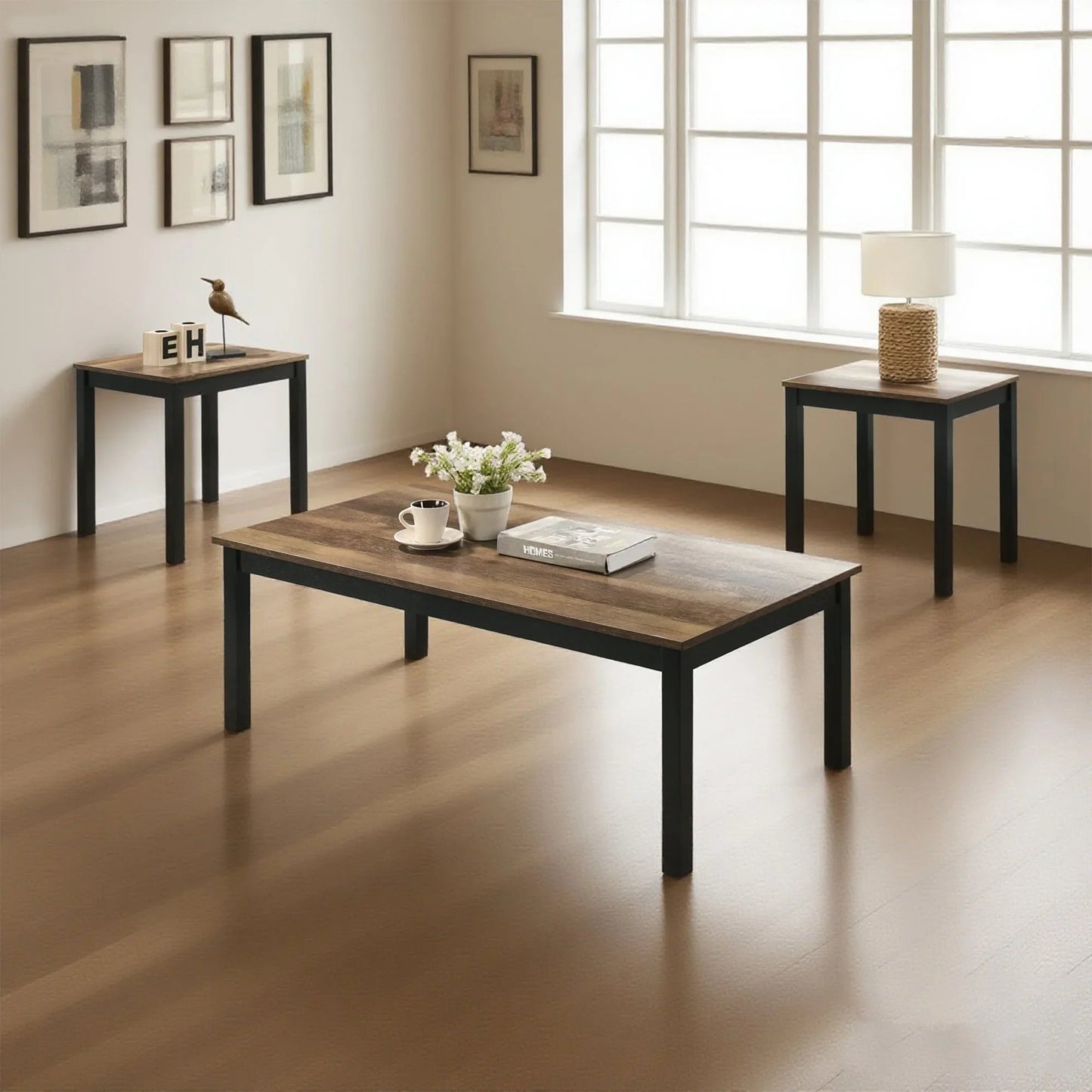 Findlay 3-Piece 47.5 in. Rectangle Faux Marble Top Coffee Table Set with Solid Wood Legs