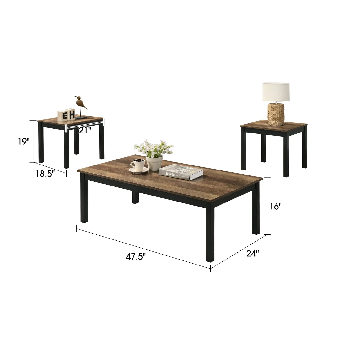 Findlay 3-Piece 47.5 in. Rectangle Faux Marble Top Coffee Table Set with Solid Wood Legs