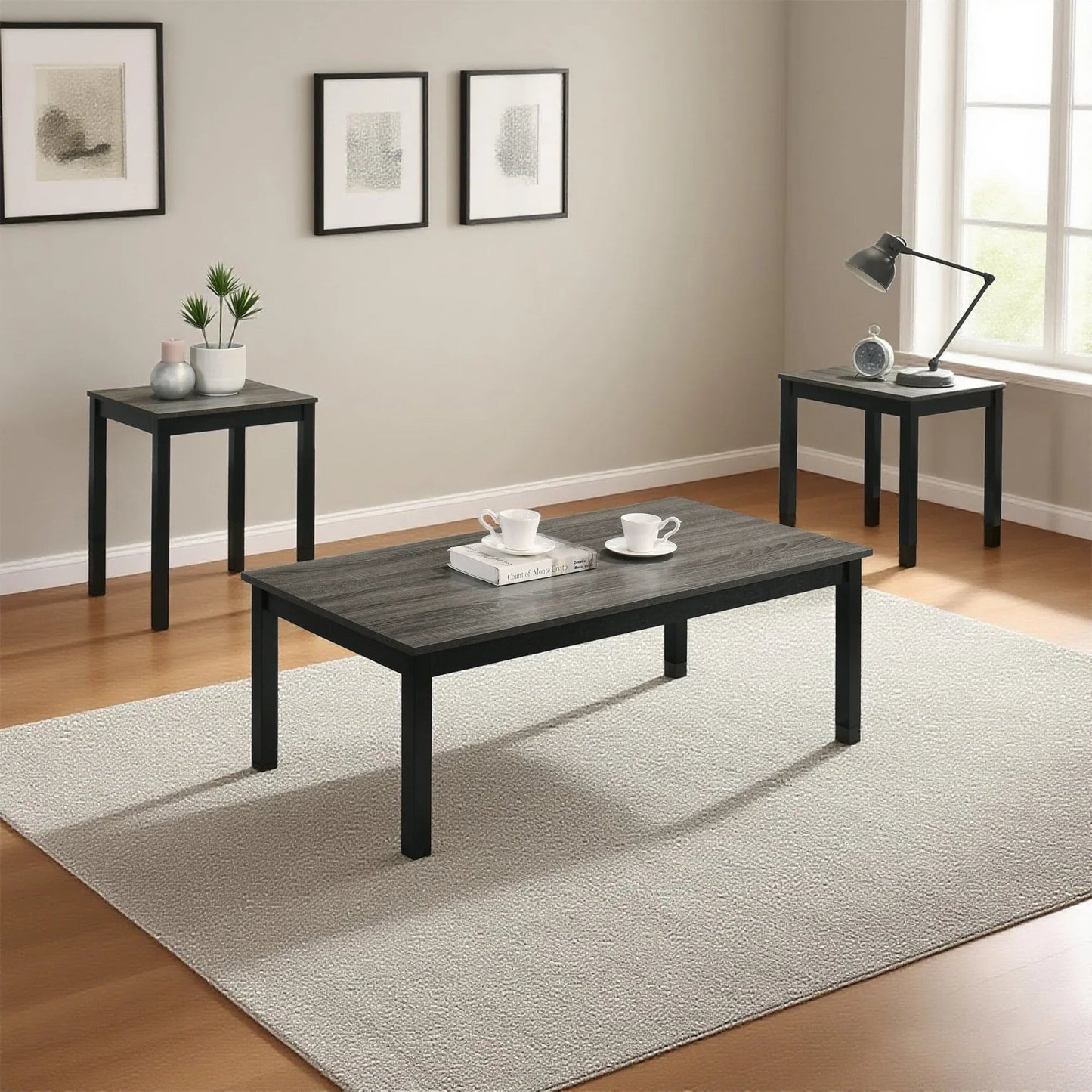 Findlay 3-Piece 47.5 in. Rectangle Faux Marble Top Coffee Table Set with Solid Wood Legs