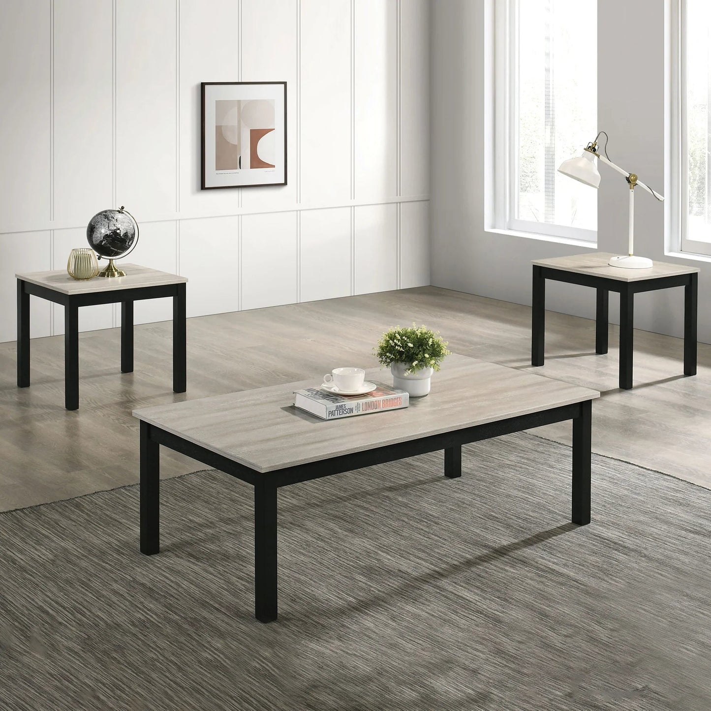 Findlay 3-Piece 47.5 in. Rectangle Faux Marble Top Coffee Table Set with Solid Wood Legs