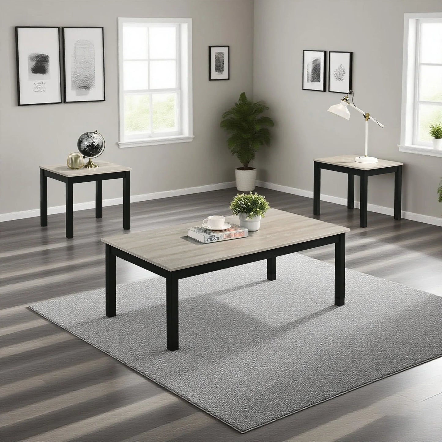 Findlay 3-Piece 47.5 in. Rectangle Faux Marble Top Coffee Table Set with Solid Wood Legs
