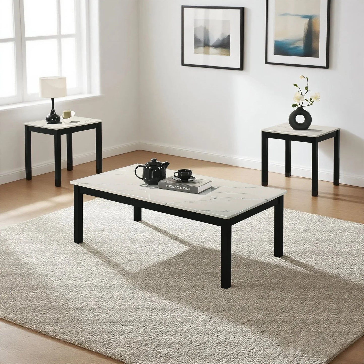 Findlay 3-Piece 47.5 in. Rectangle Faux Marble Top Coffee Table Set with Solid Wood Legs