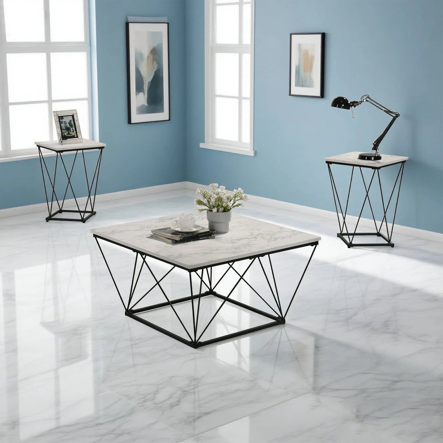 Whetstone 31.5" 3-Piece Coffee Table Set with Angular & Geometric Metal Base