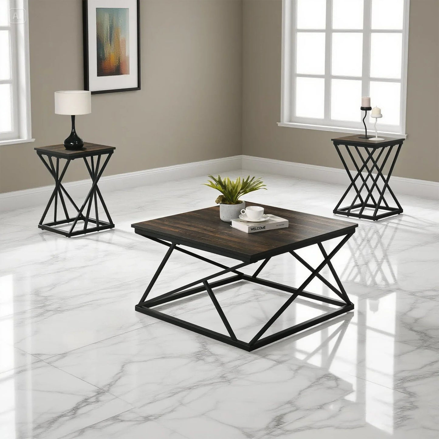 Borup Rustic 31.5" 3-Piece Coffee Table Set with Decorative Wrought Metal Side