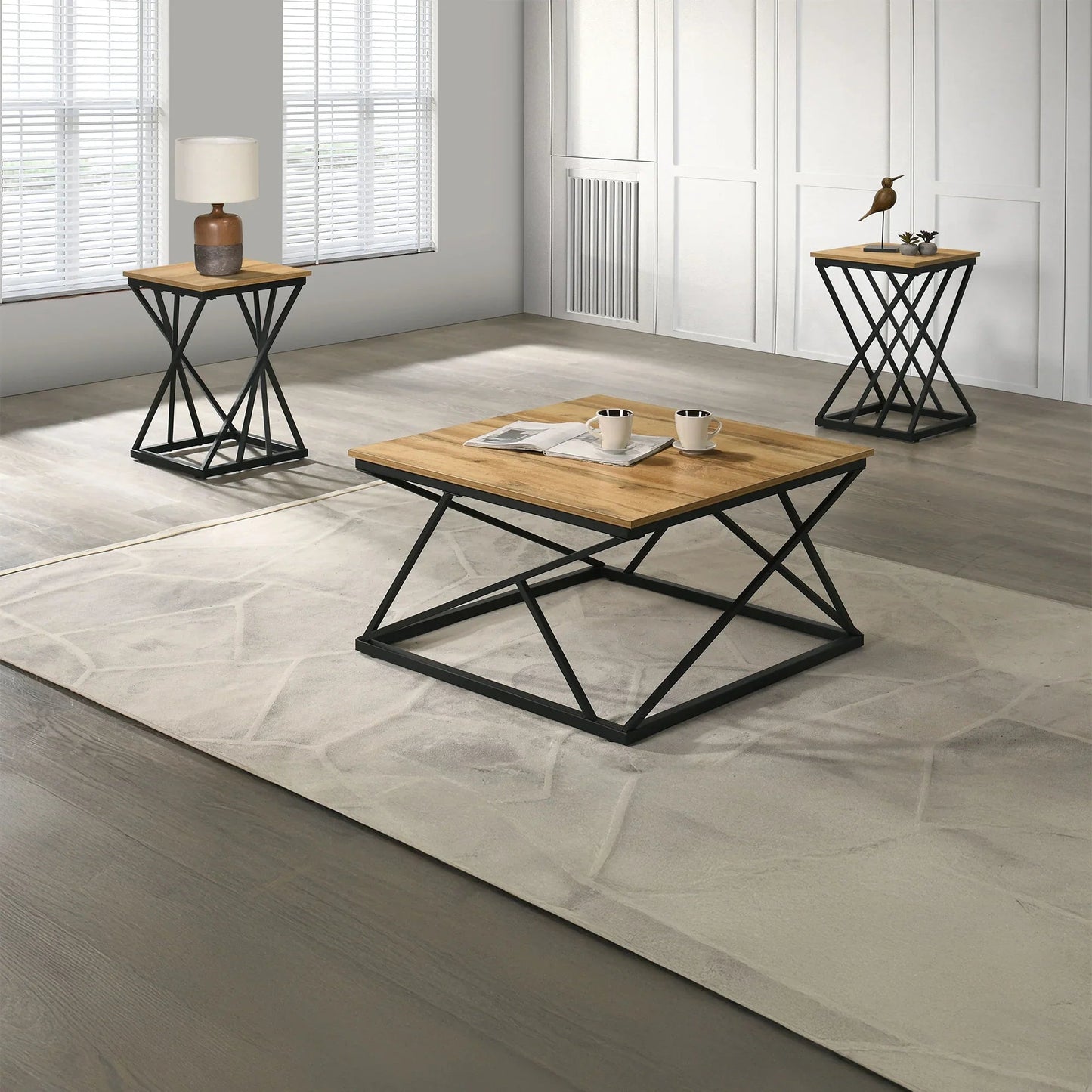 Borup Rustic 31.5" 3-Piece Coffee Table Set with Decorative Wrought Metal Side