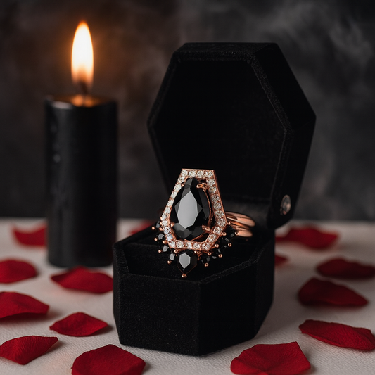 Faithfulness-1ct Black Pear Cut Diamond 14K White Gold Coffin Ring Set