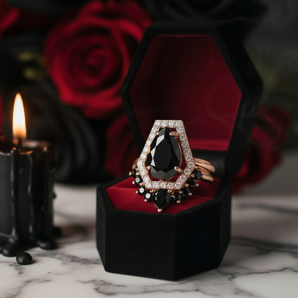 Faithfulness-1ct Black Pear Cut Diamond 14k White Gold Coffin Ring Set