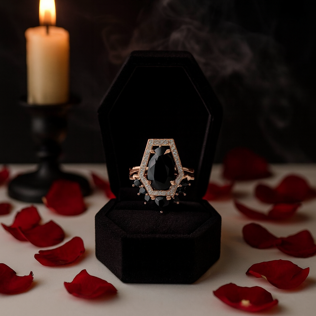 Faithfulness-1ct Black Pear Cut Diamond 14K White Gold Coffin Ring Set