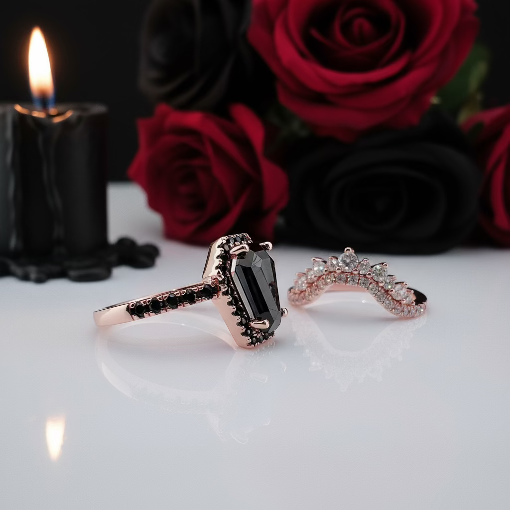 Best Love Rings- Rare Coffin Cut Diamond 14k Gold Gothic Ring Set