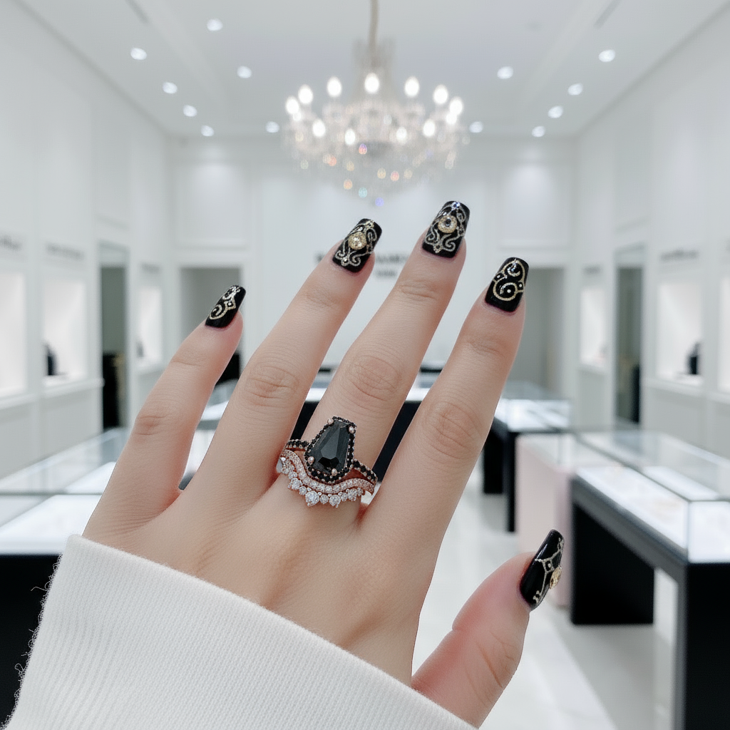 Best Love Rings- Rare Coffin Cut Diamond 14k Gold Gothic Ring Set