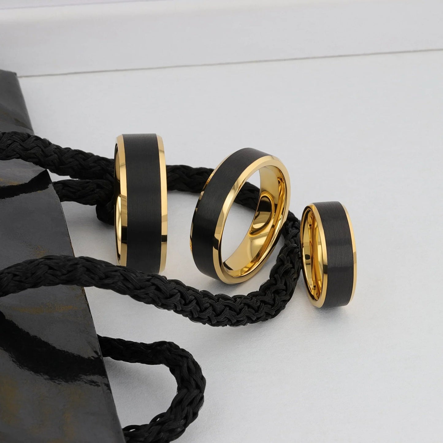 GASTON Gold-Plated Tungsten Beveled Ring with Brushed Black Center – 6mm or 8mm