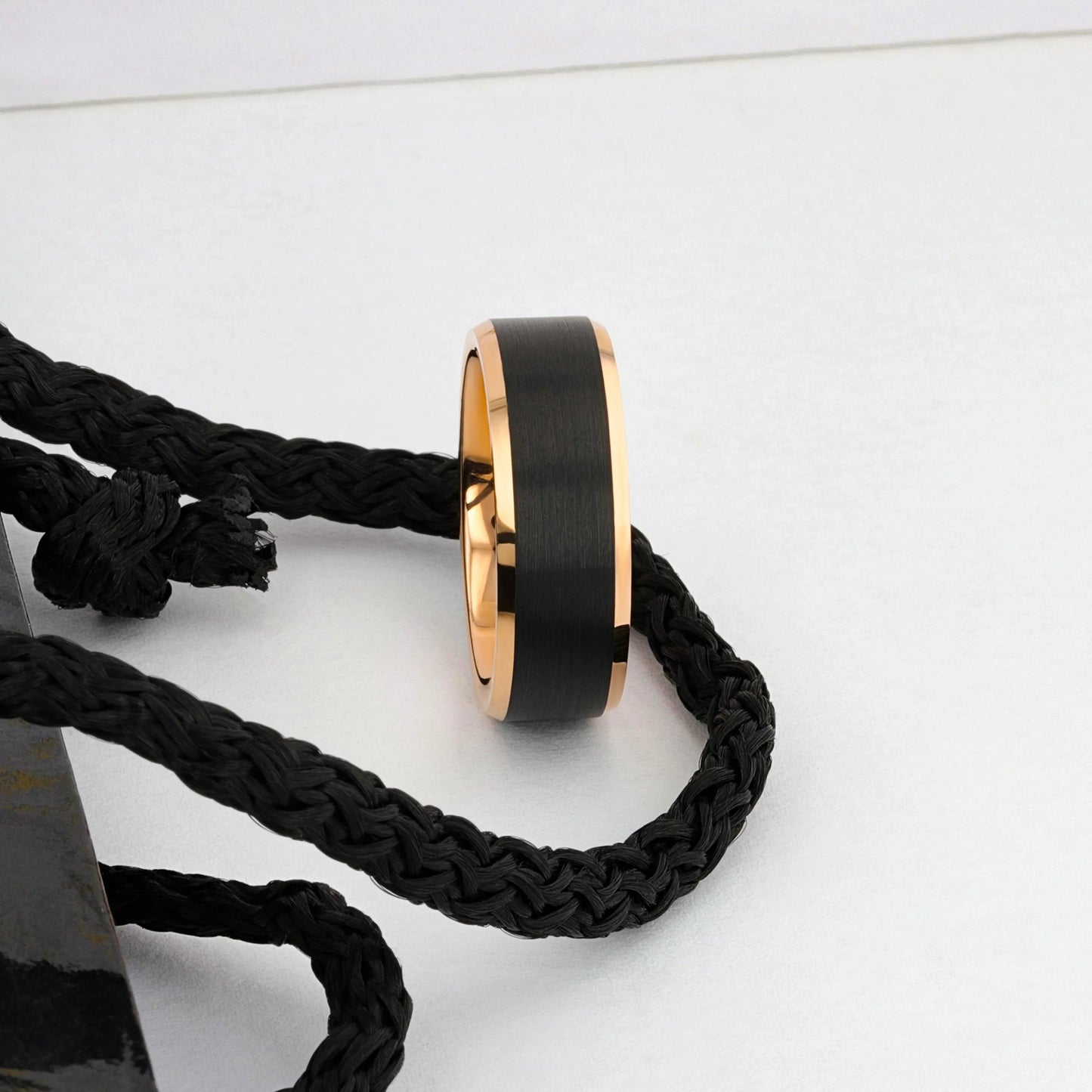 HAYDEN Rose Gold Plated Tungsten Beveled Ring with Brushed Black Center, Comfort Fit (6mm & 8mm)