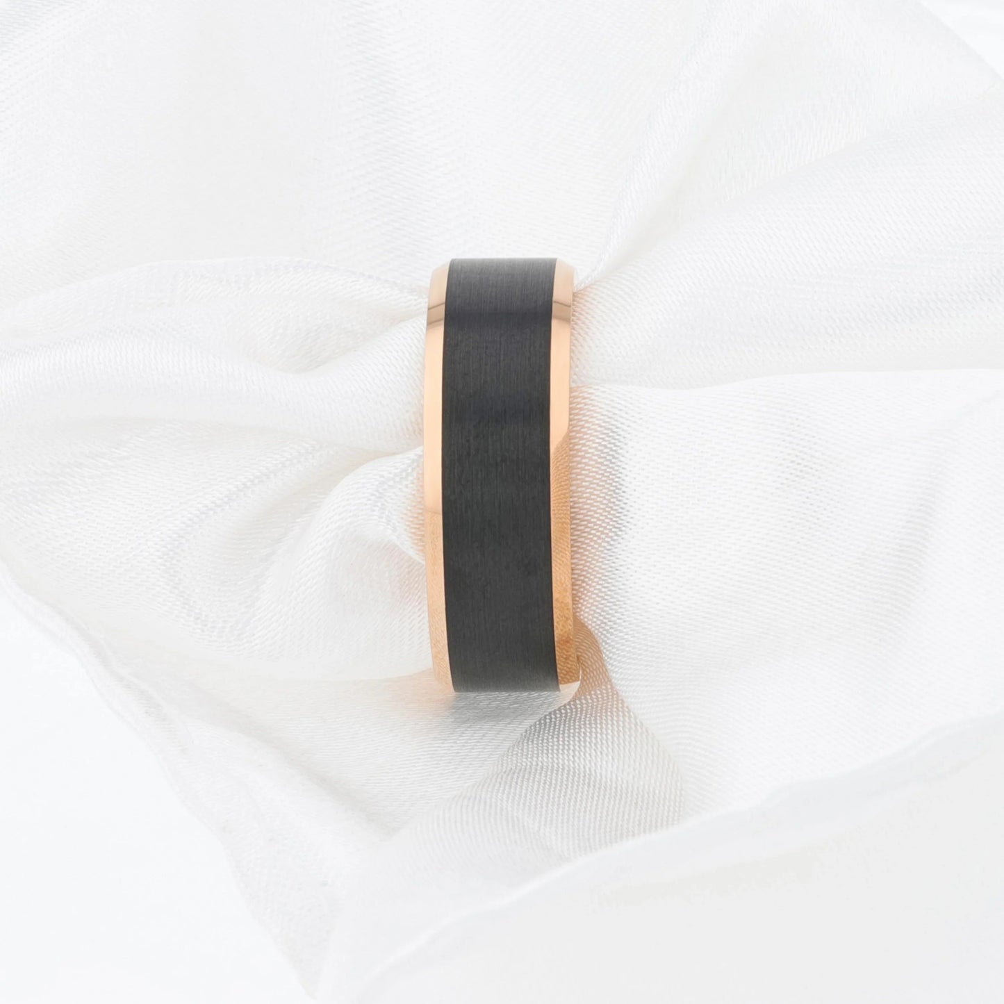HAYDEN Rose Gold Plated Tungsten Beveled Ring with Brushed Black Center, Comfort Fit (6mm & 8mm)