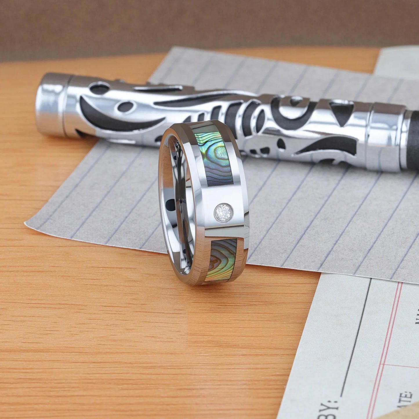 HONOLULU Mother of Pearl Inlay Tungsten Carbide Ring with Beveled Edges and White Diamond - 8mm