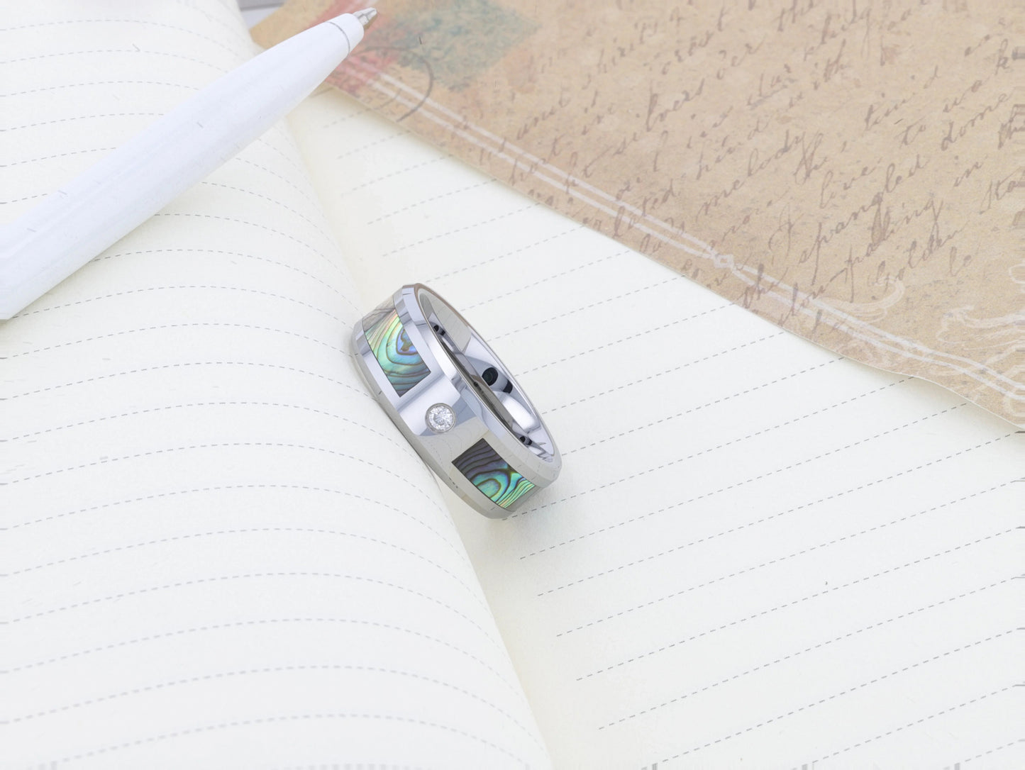 HONOLULU Mother of Pearl Inlay Tungsten Carbide Ring with Beveled Edges and White Diamond - 8mm