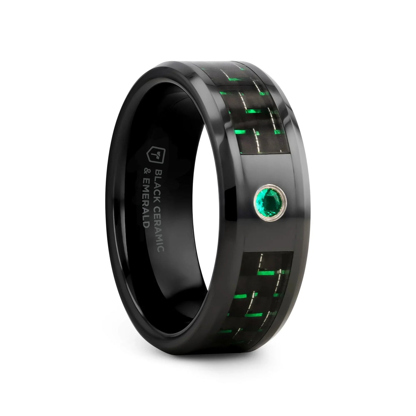 HADAR Black Ceramic Ring with Black and Green Carbon Fiber and Green Emerald Setting - 8mm