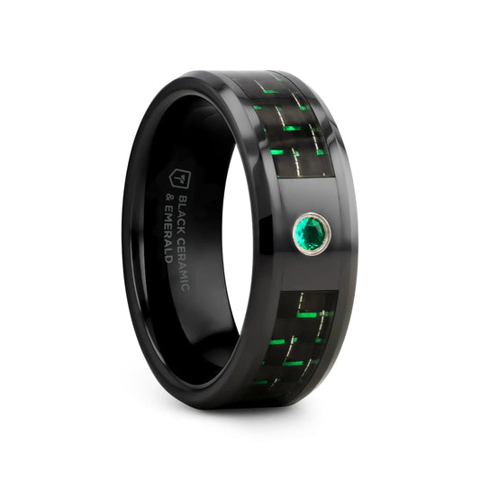 HADAR Black Ceramic Ring with Black and Green Carbon Fiber and Green Emerald Setting - 8mm