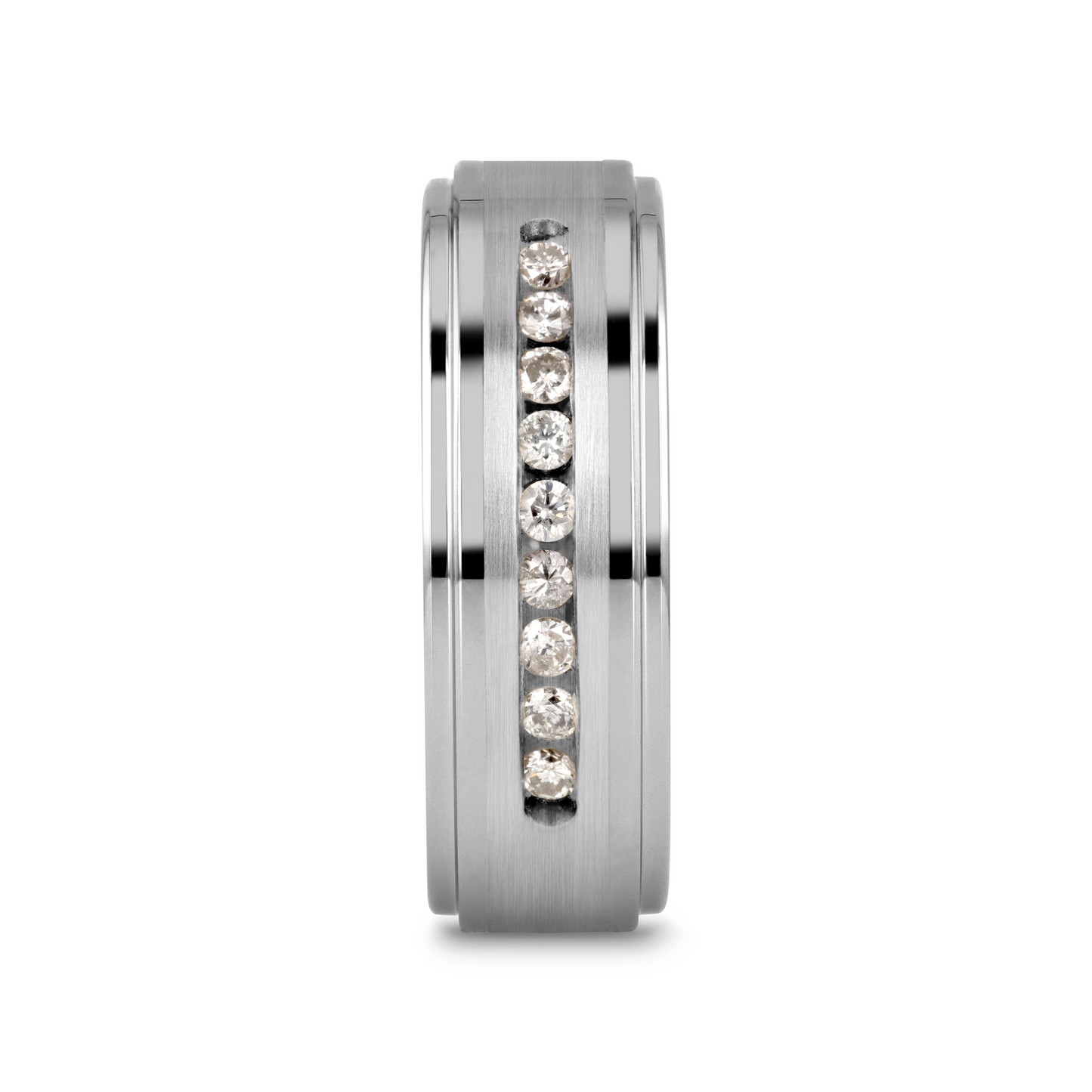HARPER Tungsten Wedding Band with Raised Center & Brushed Silver Inlay and 9 Channel Set White Diamonds - 8mm