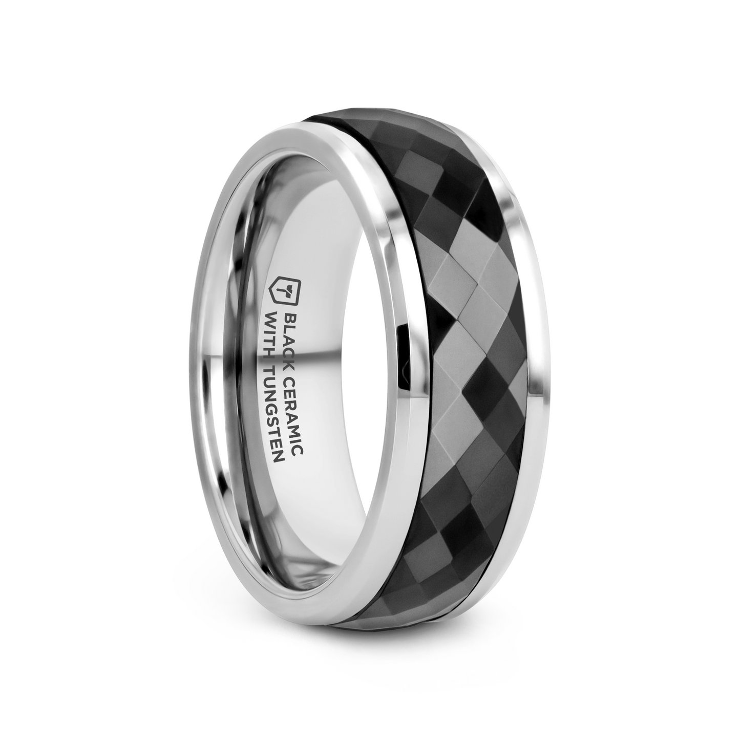 HICKOK Polished Diamond Faceted Black Ceramic Spinner Ring with Beveled Edges - 8mm