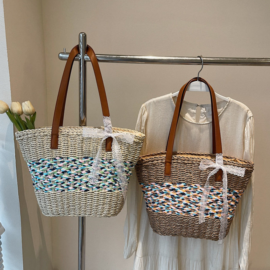 Stylish new contrast color weave beach straw zip-up shoulder bag