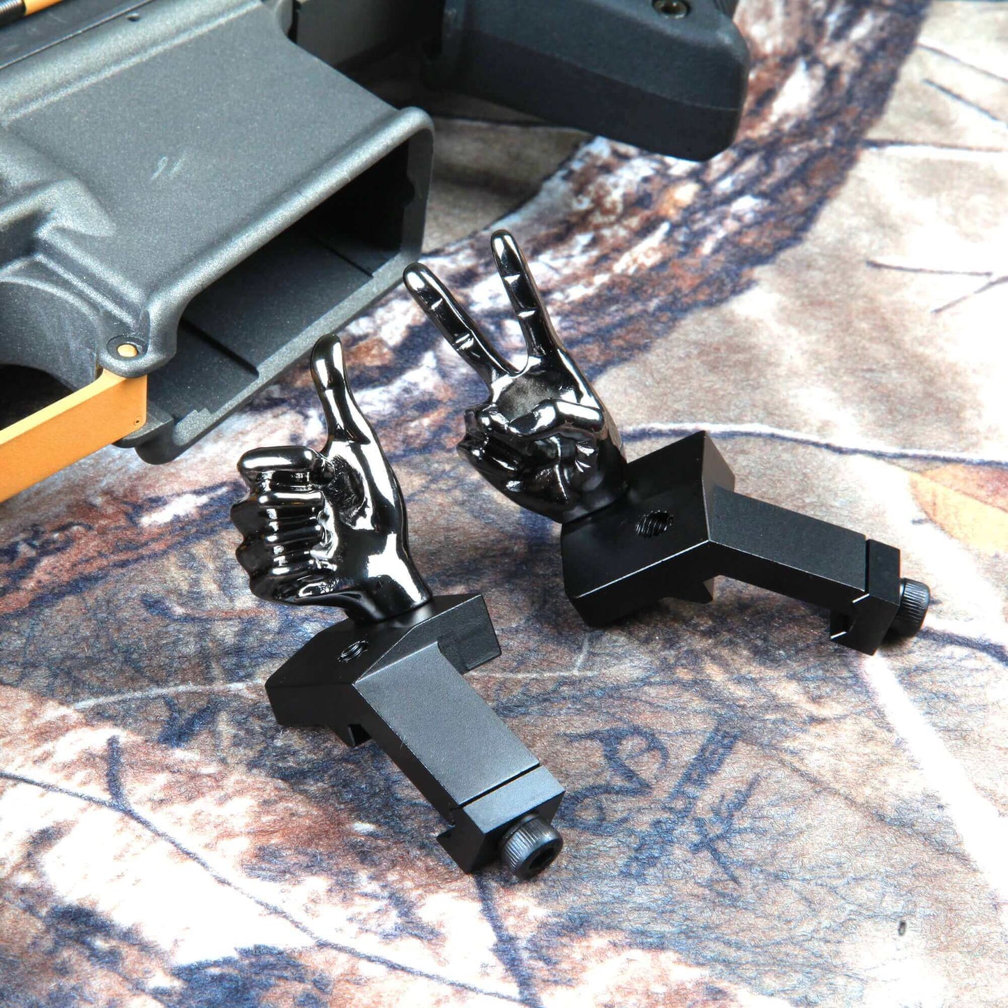 Gloss Tungsten Grey Color Novelty Finger Iron Sight Set - Offset 45 Degree (V Hand & Thumbs Up)