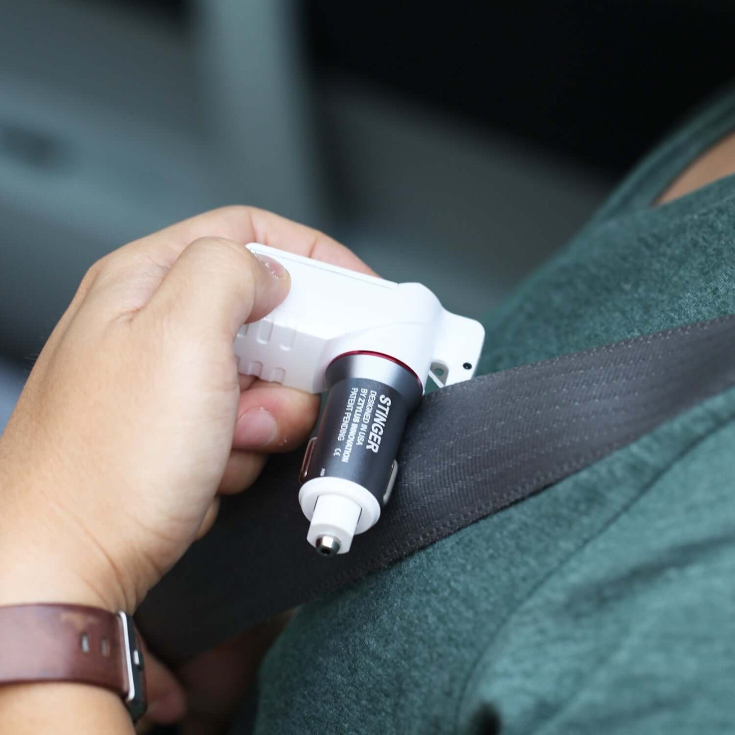 Stinger USB Car Charger Emergency Tool, Seatbelt Cutter, Spring-Loaded Car Window Breaker (White)
