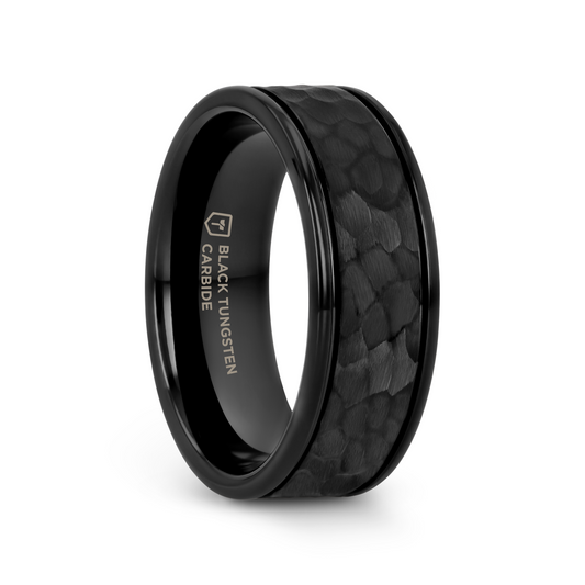 JOINER Hammered Finish Center Black Tungsten Carbide Wedding Band with Dual Offset Grooves and Polished Edges - 6mm or 8mm