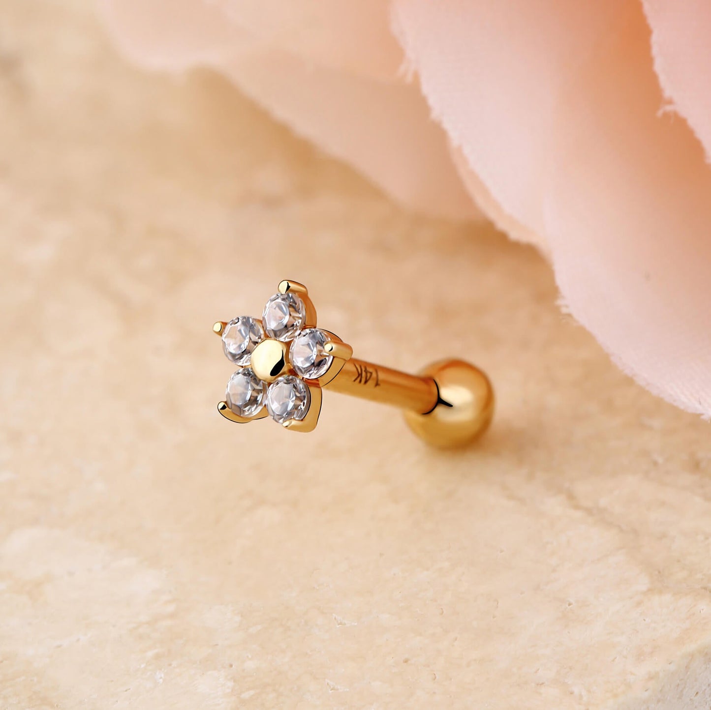 14K Gold CZ Flower Cartilage Earring