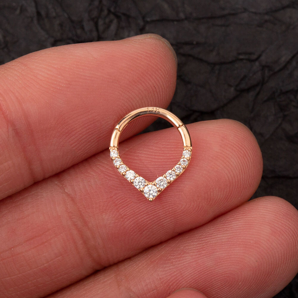 14K Rose Gold CZ V-Shape Segment Septum Ring