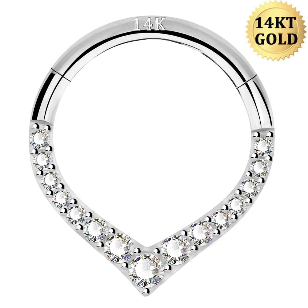 14K White Gold CZ V-Shape Segment Septum Ring