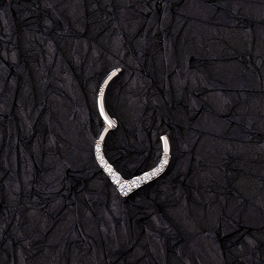 14K White Gold CZ V-Shape Segment Septum Ring