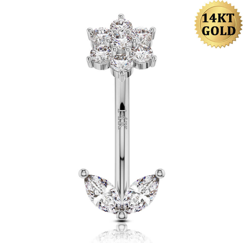 14K White Gold CZ Flower Leave Rook Stud