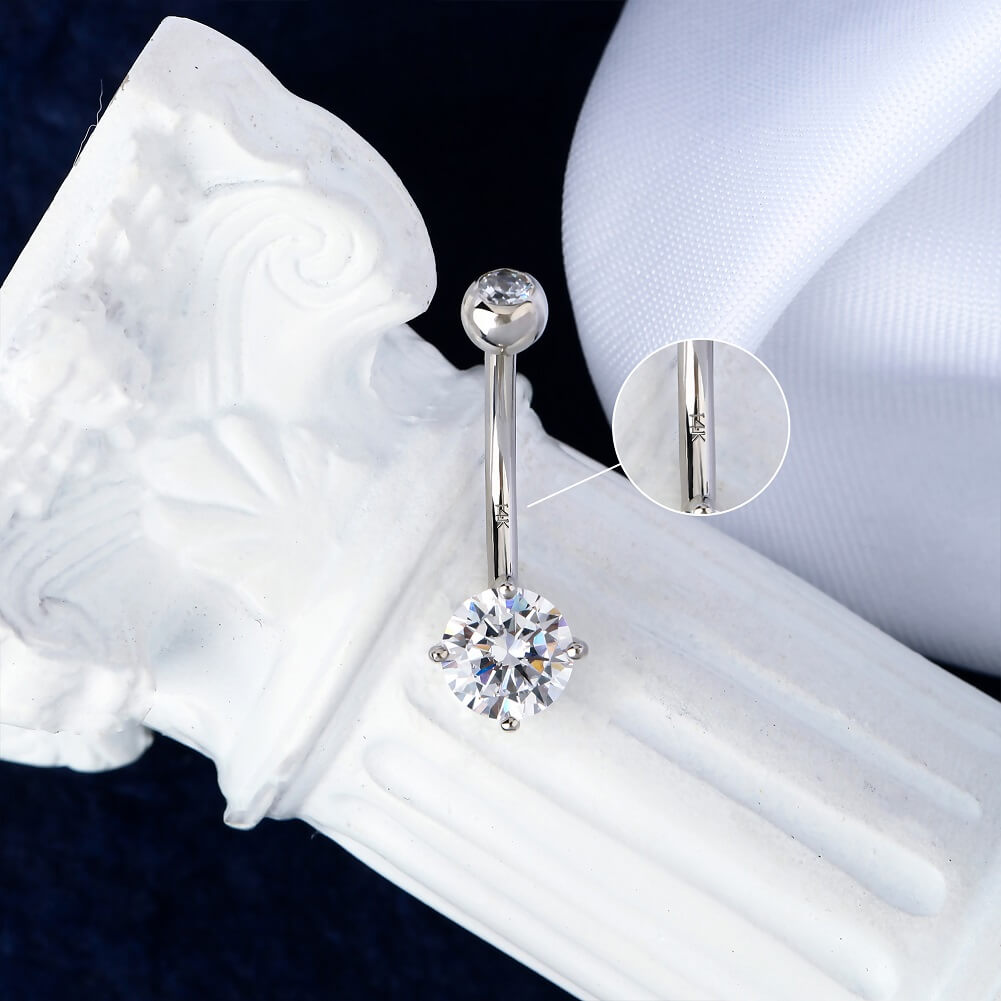 14K White Gold Round CZ Belly Ring