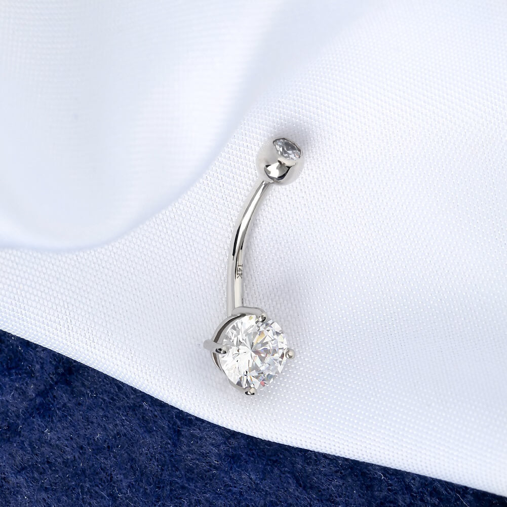 14K White Gold Round CZ Belly Ring