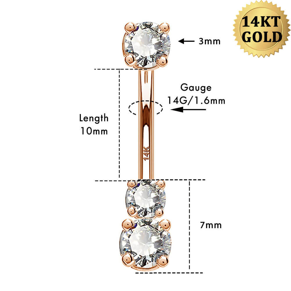 14K Rose Gold Three Round CZ Belly Ring