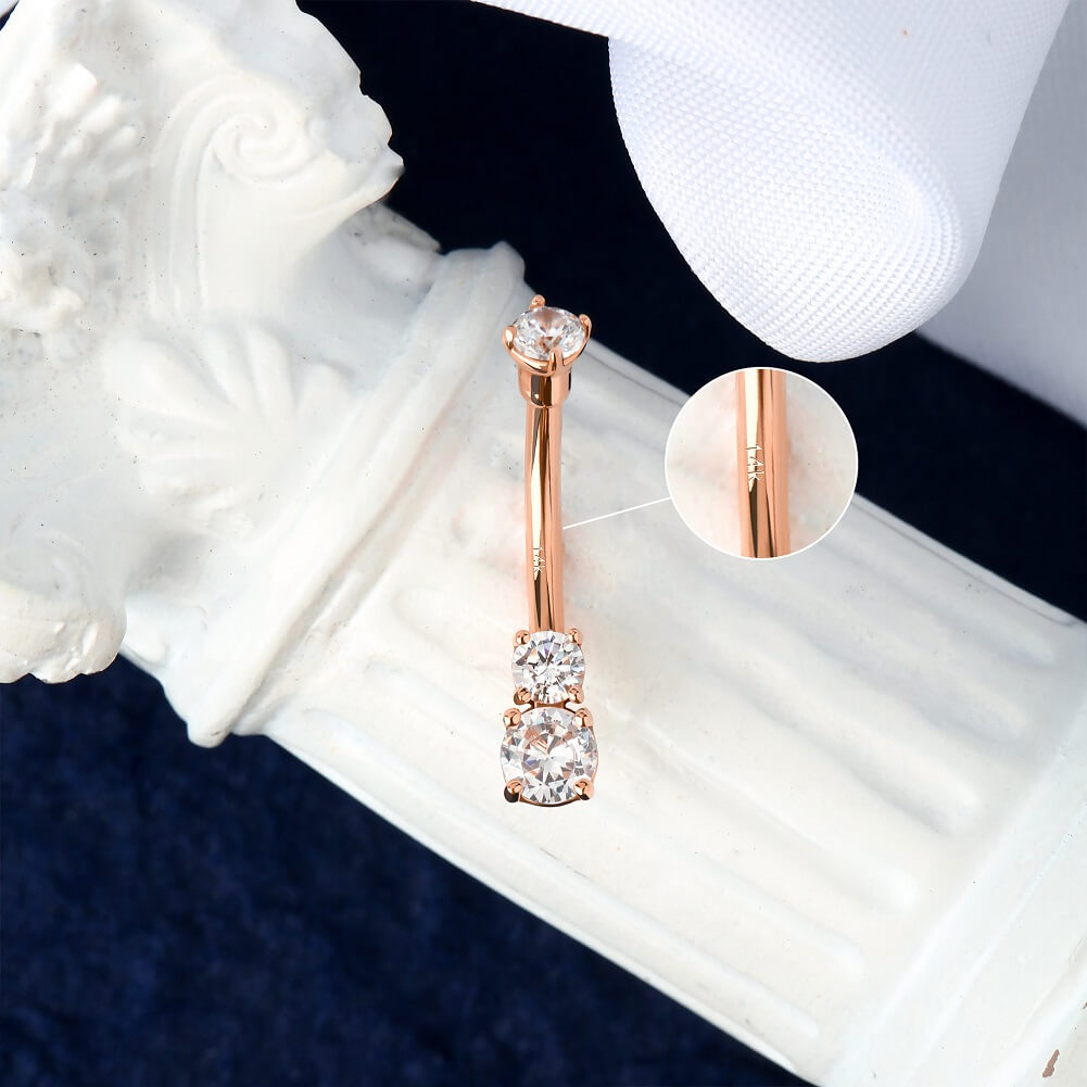 14K Rose Gold Three Round CZ Belly Ring